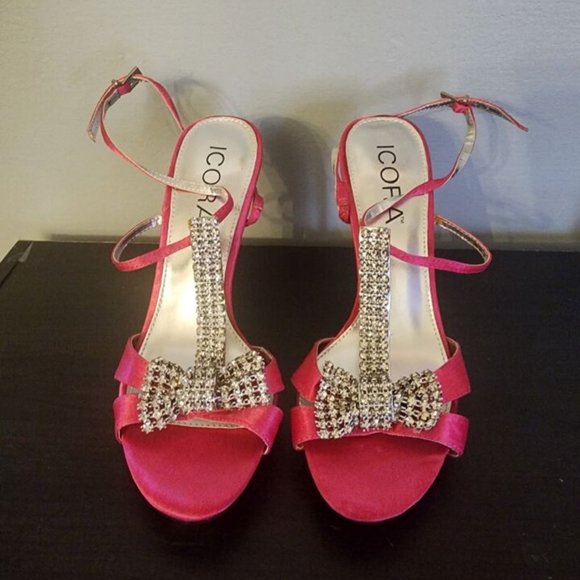 CORA Rhinestones Pink/ Silver Fabric Open Toe Platform Stiletto Heels Size 6 - Picture 3 of 11
